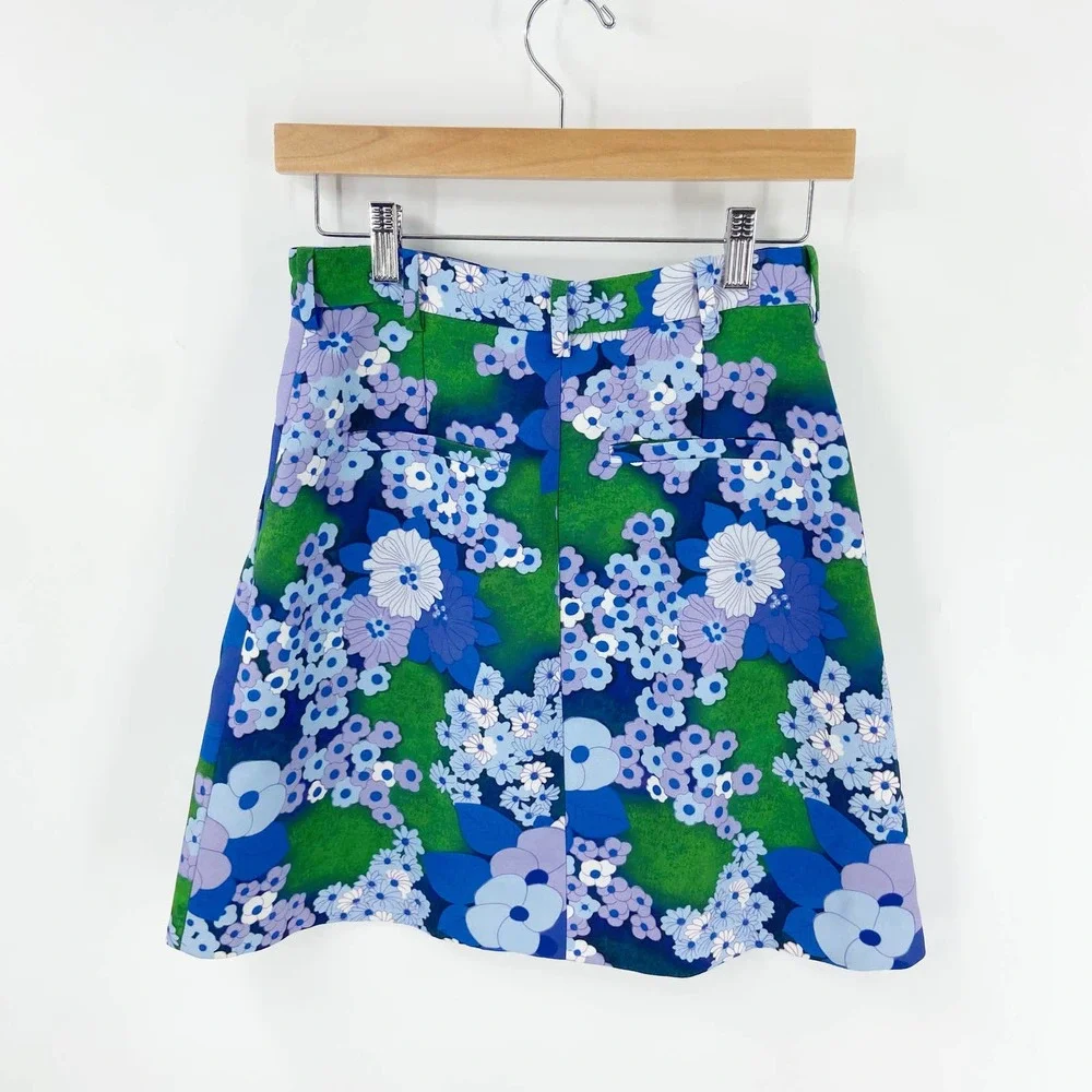 Carven Blue and Green Cady Floral Printed Mini Skirt - Picture 2 of 10